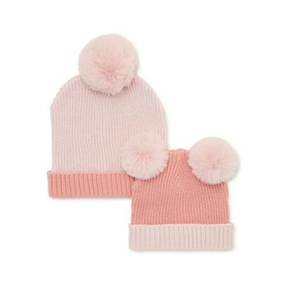 Mommy & Me Beanie Set Women S Kids Pink Smoke Pom Pom Knit 2-Piece